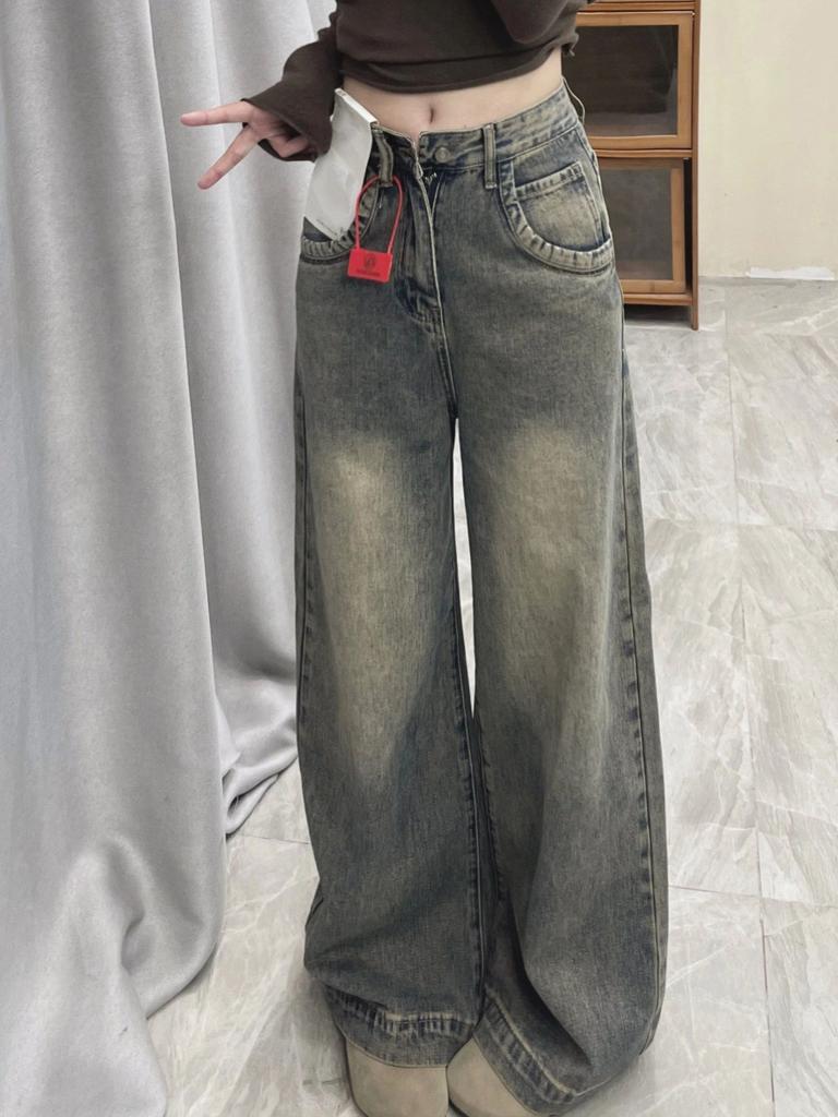 Retro Drape Wide-leg Jeans Women's Spring and Autumn High Waist Loose Mopping Straight Versatile Pants Look Thin and Tall