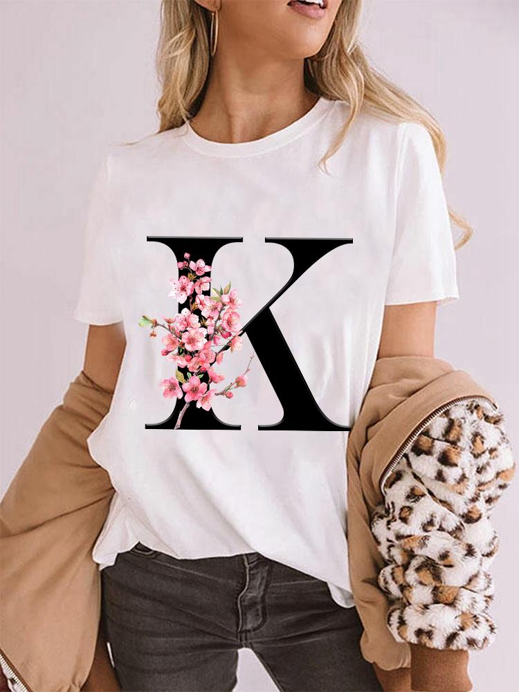 Elegant Cherry Blossom Initial Az Tshirt Unisex Crewneck Floral Letter Graphic Girls Y2k Tops Fashion Mama Birthday Gift Tshirt