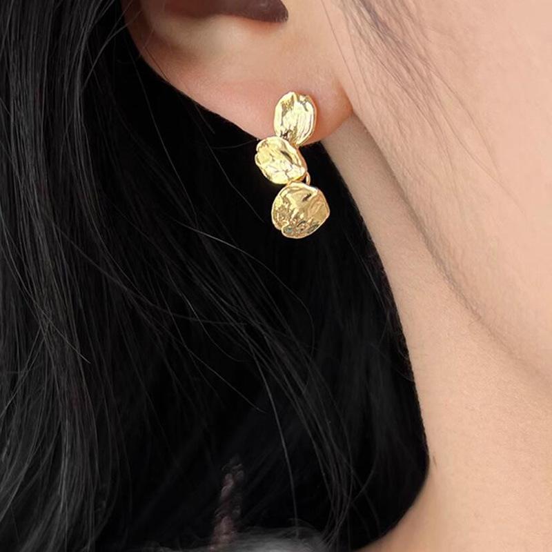 Japanese & Korean Irregular Gold Leaf 925 Silver Stud Earrings for Women