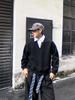 Men's White & Grey Striped Fake Two-Piece V-Neck POLO Hoodie, Autumn College Style, Boxy Short Wide Fit, Long Sleeve