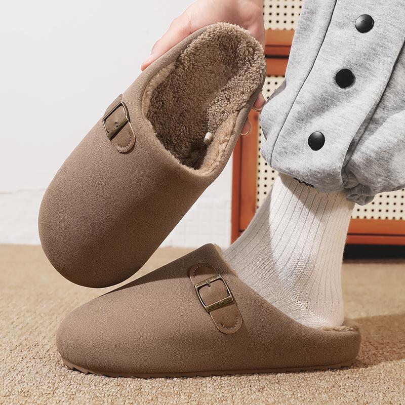 2026 New Unisex Winter Home Slippers Fashion Buckle Design Warm Fleece Lined Non - Slip Indoor Comfort Slippers New Arrival