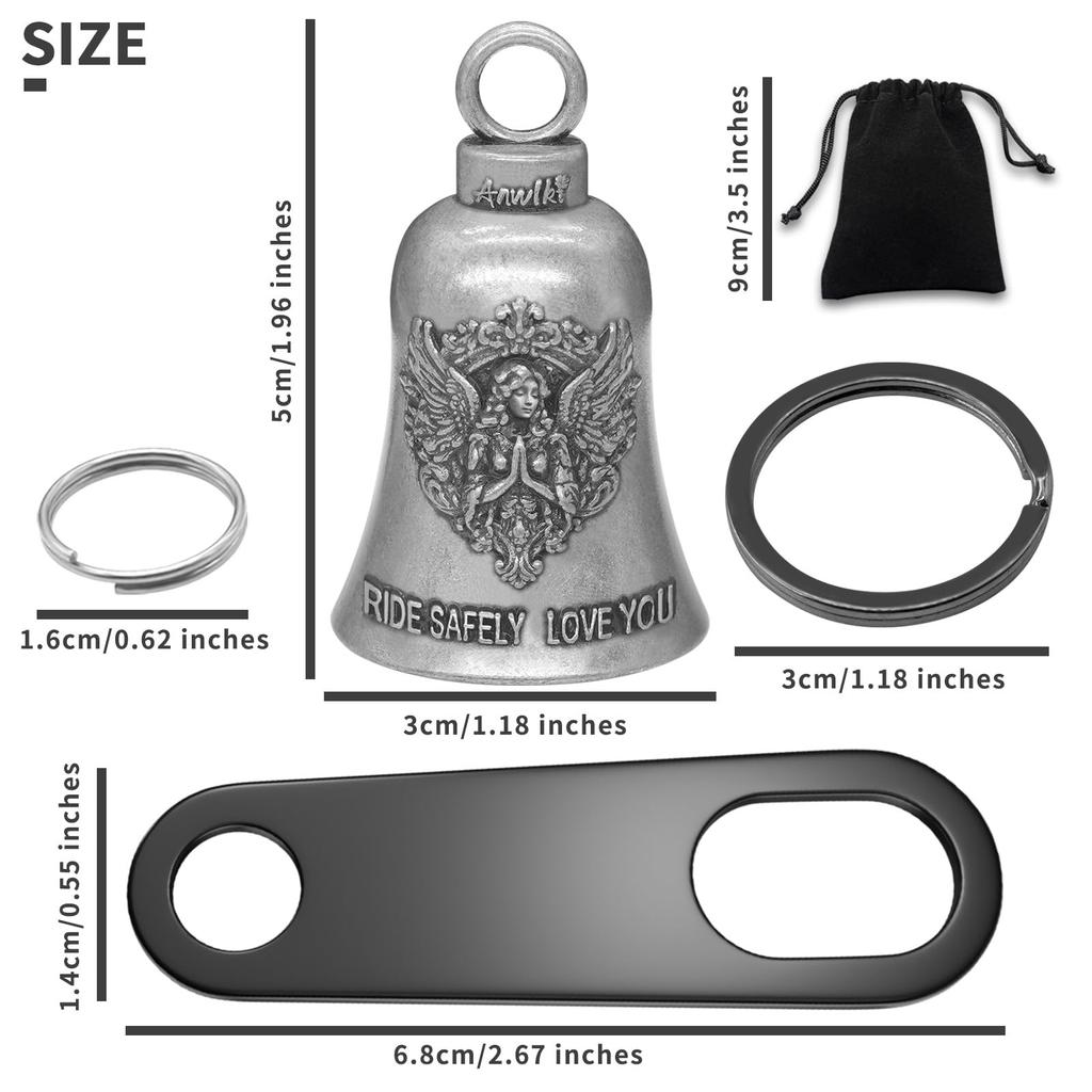 Anwlki Biker Guardian Lucky Riding Bell Motorcycle Gremlin Bell with 2 Keychain Ring Accessories and Motorcycle Bell Ancient Medium Hanger, Silver,