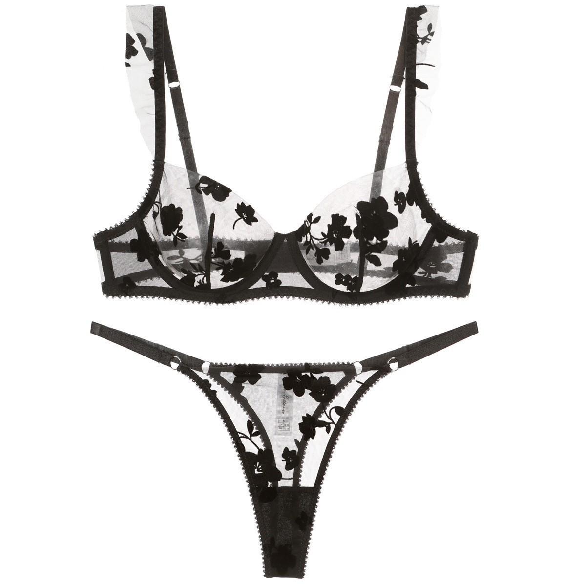 

Французское нижнее белье лето сексуальный ультратонкий вышитый кружевной бюстгальтер большая грудь маленький большой размер эротическое нижнее белье 85C чёрный