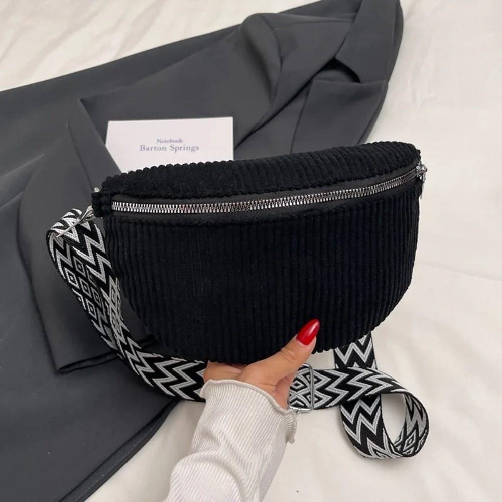 Fashion Corduroy Waist Bag Multi-pockets Zipper Crossbody Bags Wide Guitar Strap Shoulder Bags Outdoor