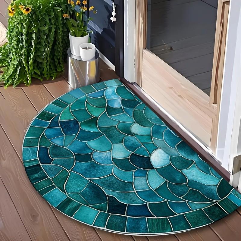 Teal Stained Glass Mosaic Scale Geometric Semicircular Doormat Entry Modern Rug Anti Slip Floor Mat For Luxury Textured Indoor