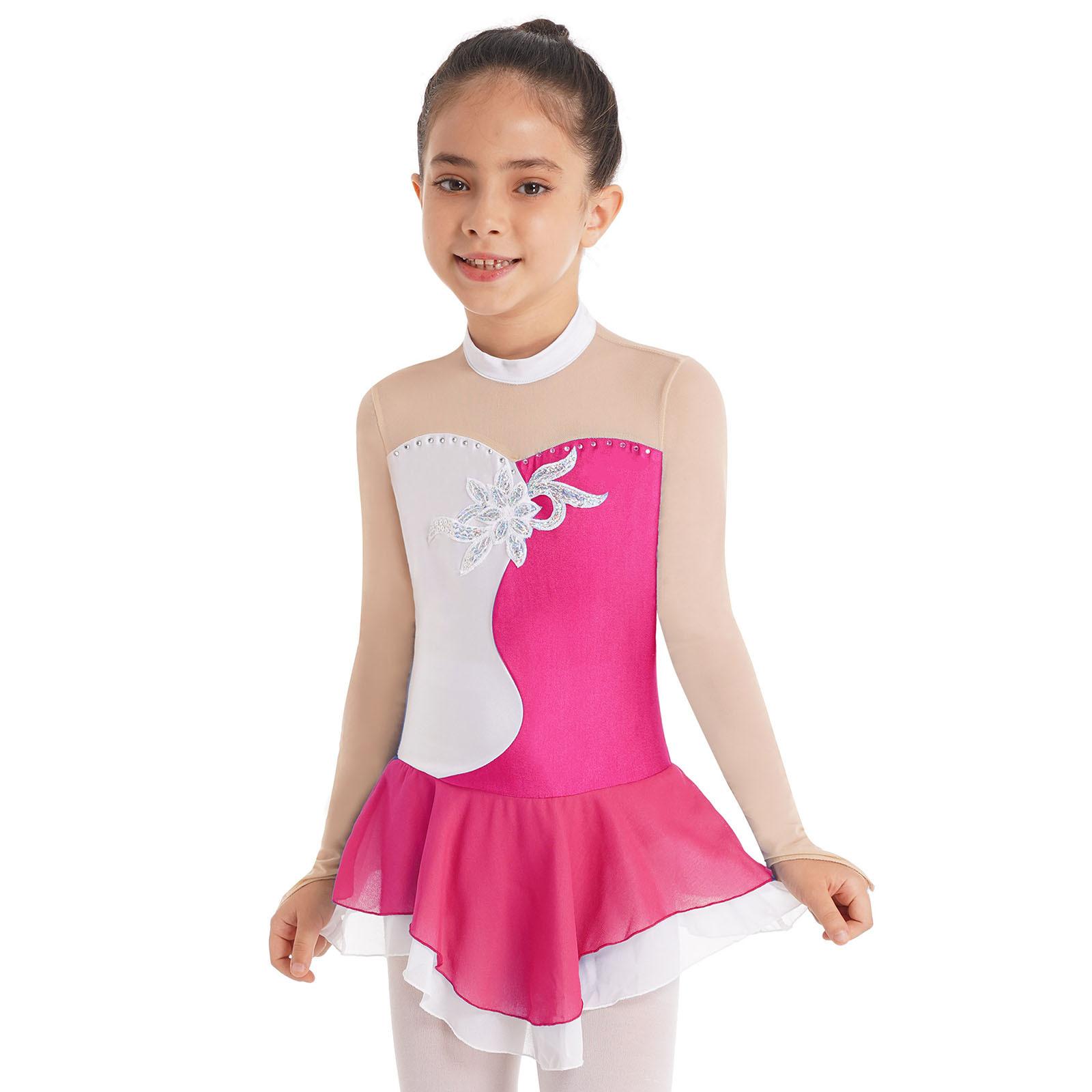 

Dancewear for Kids Girls Long Sleeves Mesh Patchwork Sequins Skating Gymnastics Dress 5-6 Years розовый