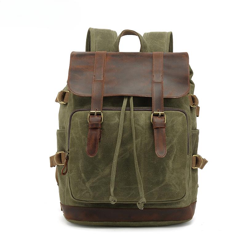 Backpack Male Student Backpack Retro Travel Bag Waterproof Canvas with Top Layer Leather Computer Travel Bag