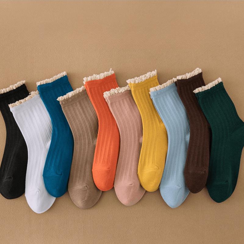 Meias Aleatórias 5 Pares Cor de Doce Meias Femininas Cano Médio Japonês Outono Inverno Espessura Média Moda Coreana Meia Personalidade Estilo Kawai
