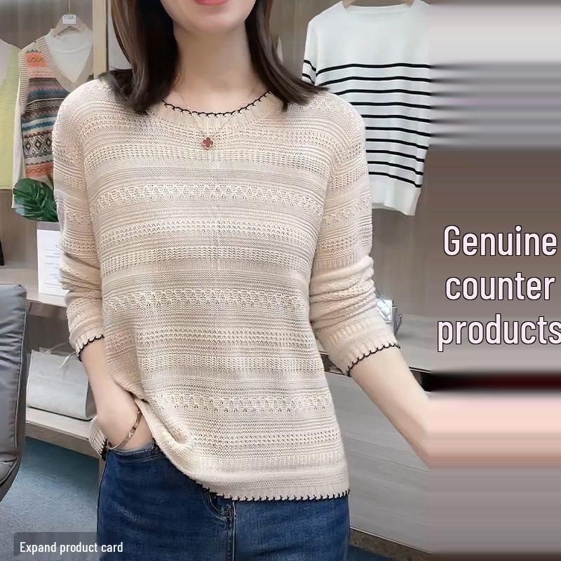 

Spring & Autumn Loose Knit Sweater: Women s Round Neck Hollow Long Sleeve Top XL (115-130 jin)