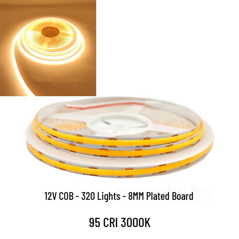 COB LED Strip Light 12V/24V, 320/480 LEDs, 8MM, 90 CRI, Self-Adhesive, Aluminum Channel.