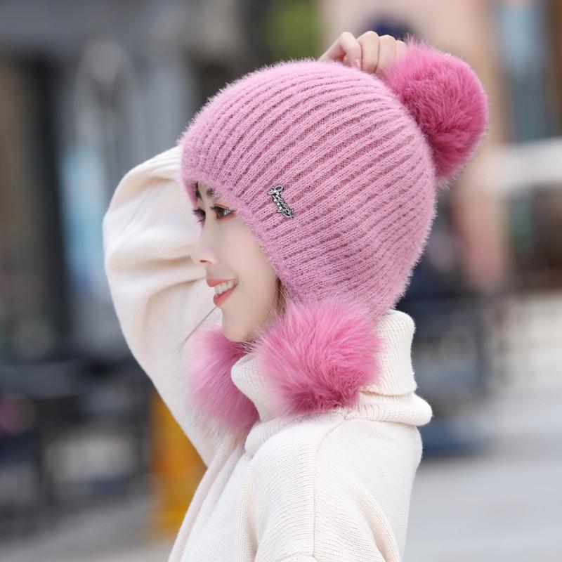 Neue Hohe Qualität Warme Mütze Frauen Kaninchen Fell Winter Hut Weibliche Mode Fügen Pelz Gefüttert Pompons Gestrickte Hut