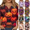 Women's Halloween Print V-Neck Short Sleeve T-Shirt with Decorative Buttons for Casual Fall Outfits