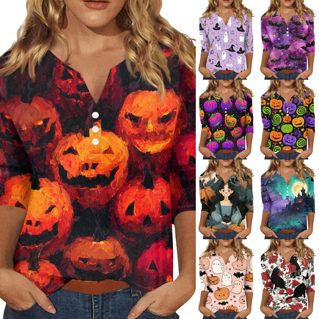 Women's Halloween Print V-Neck Short Sleeve T-Shirt with Decorative Buttons for Casual Fall Outfits