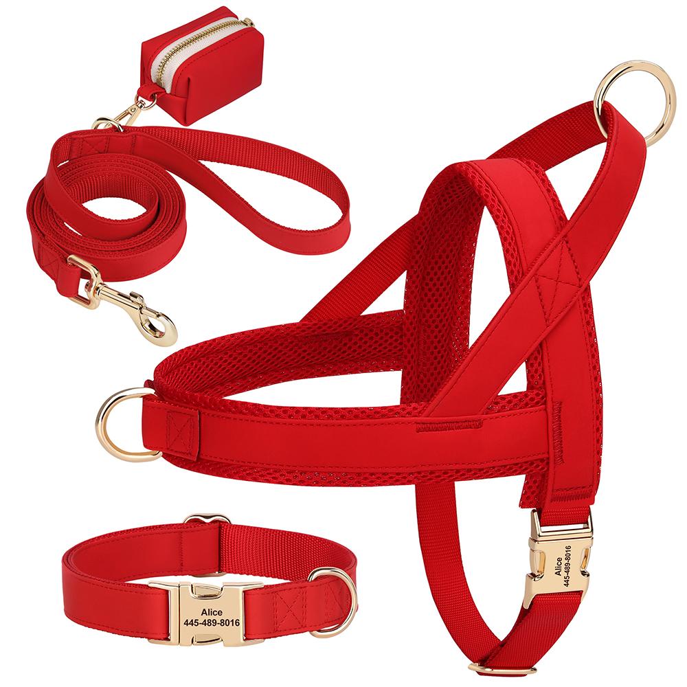 

Dog Collar Harness Leash Bag Set Free Custom Dog Collars Engraved Pet Buckle Necklace Harness With Lead Rope Waste Bags for Dogs XS（old） красный