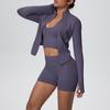 Women's European & American Sports Casual Three-Piece Set: Knitted Long Sleeve Zipper Jacket, Sports Vest, & Shorts Fitness Wear.