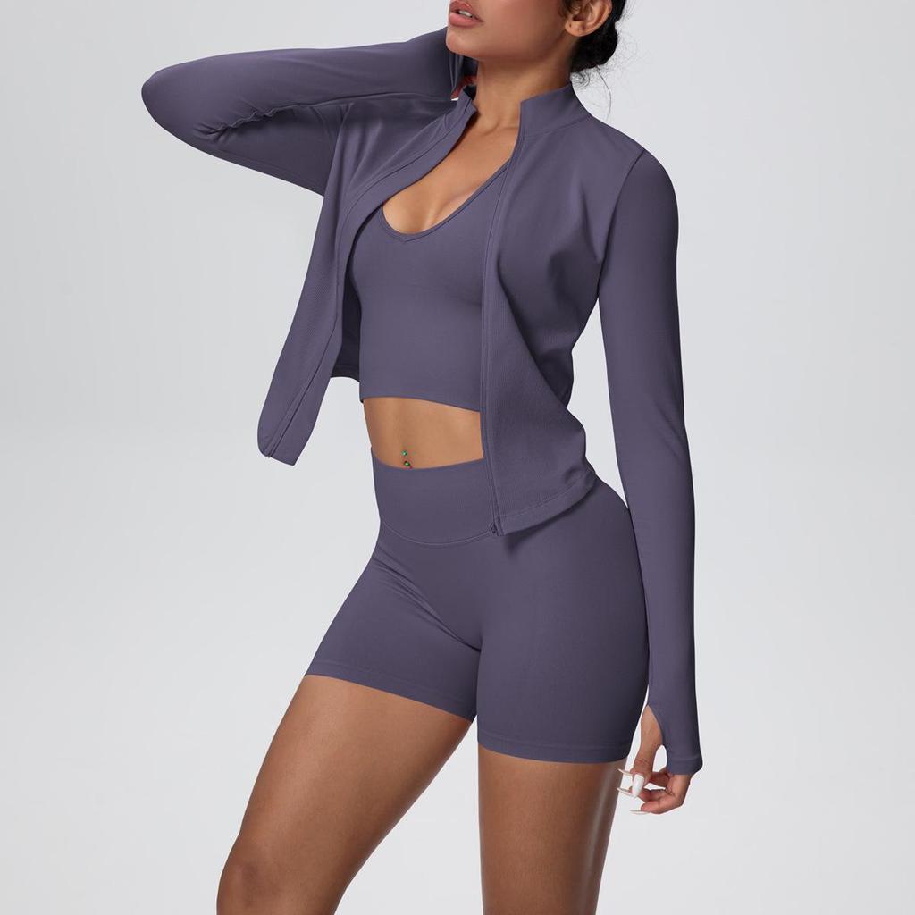 Women's European & American Sports Casual Three-Piece Set: Knitted Long Sleeve Zipper Jacket, Sports Vest, & Shorts Fitness Wear.