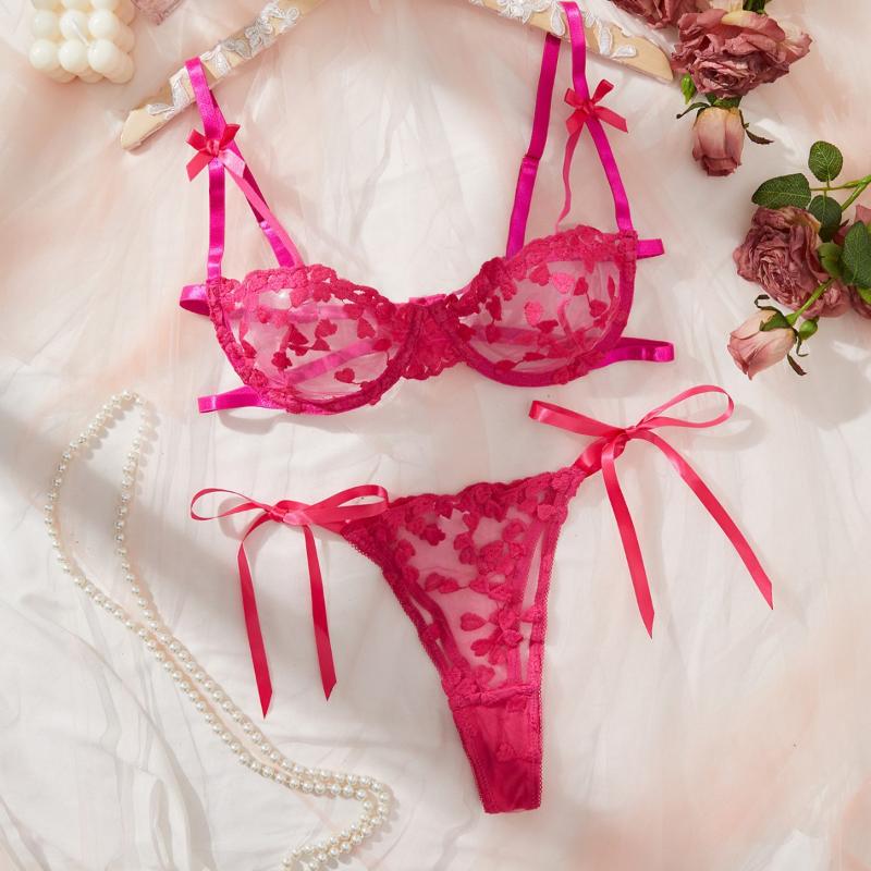 Lingerie Suit Women Ultrathin Lace Embroidery Transparent Bra & Briefs Lace-Up Bras Thongs Suit See Through Trikini Underwear