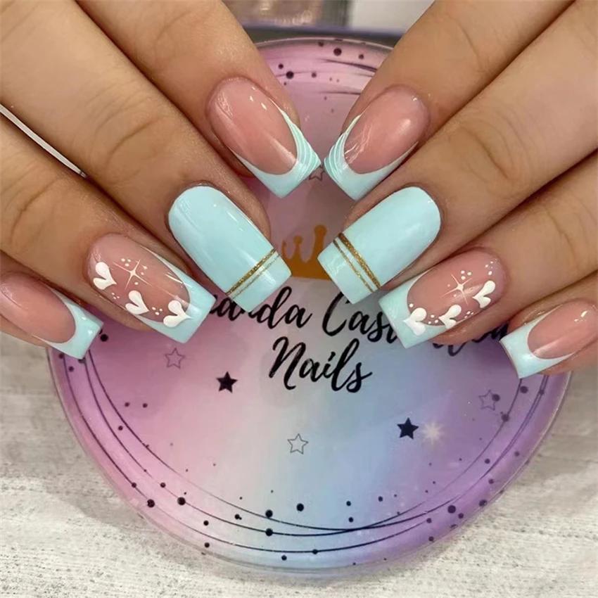24 Stück Mittellange Acryl-Press-On-Nägel French Tip Falschnägel Set Abnehmbare Künstliche Nagelspitzen für Damen