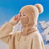 Women Windproof Knitted Hat with Fleece Lining 3-in-1 Hooded Scarf Cold Weather Skiing Hiking Headgear