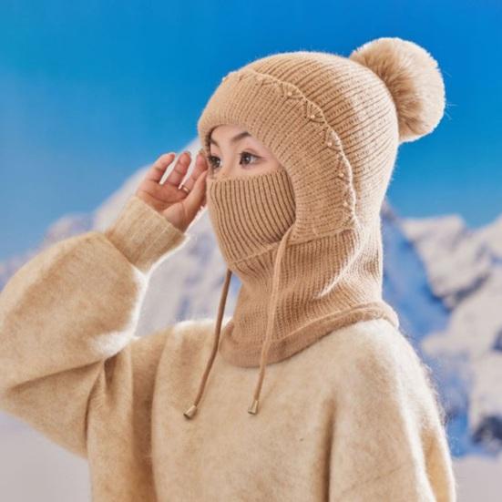 Women Windproof Knitted Hat with Fleece Lining 3-in-1 Hooded Scarf Cold Weather Skiing Hiking Headgear