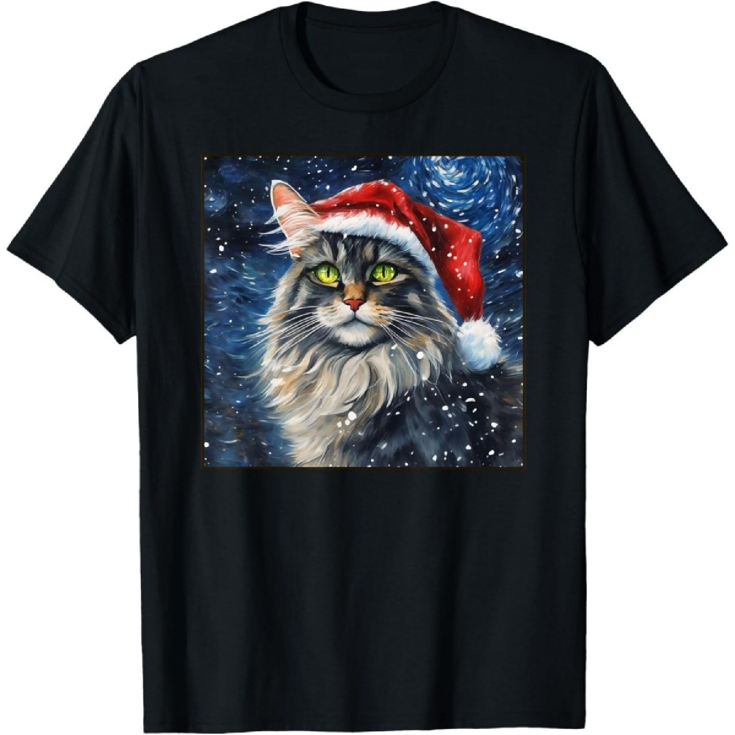 Starry Night Maine Coon Cute Cat Christmas T-Shirt S