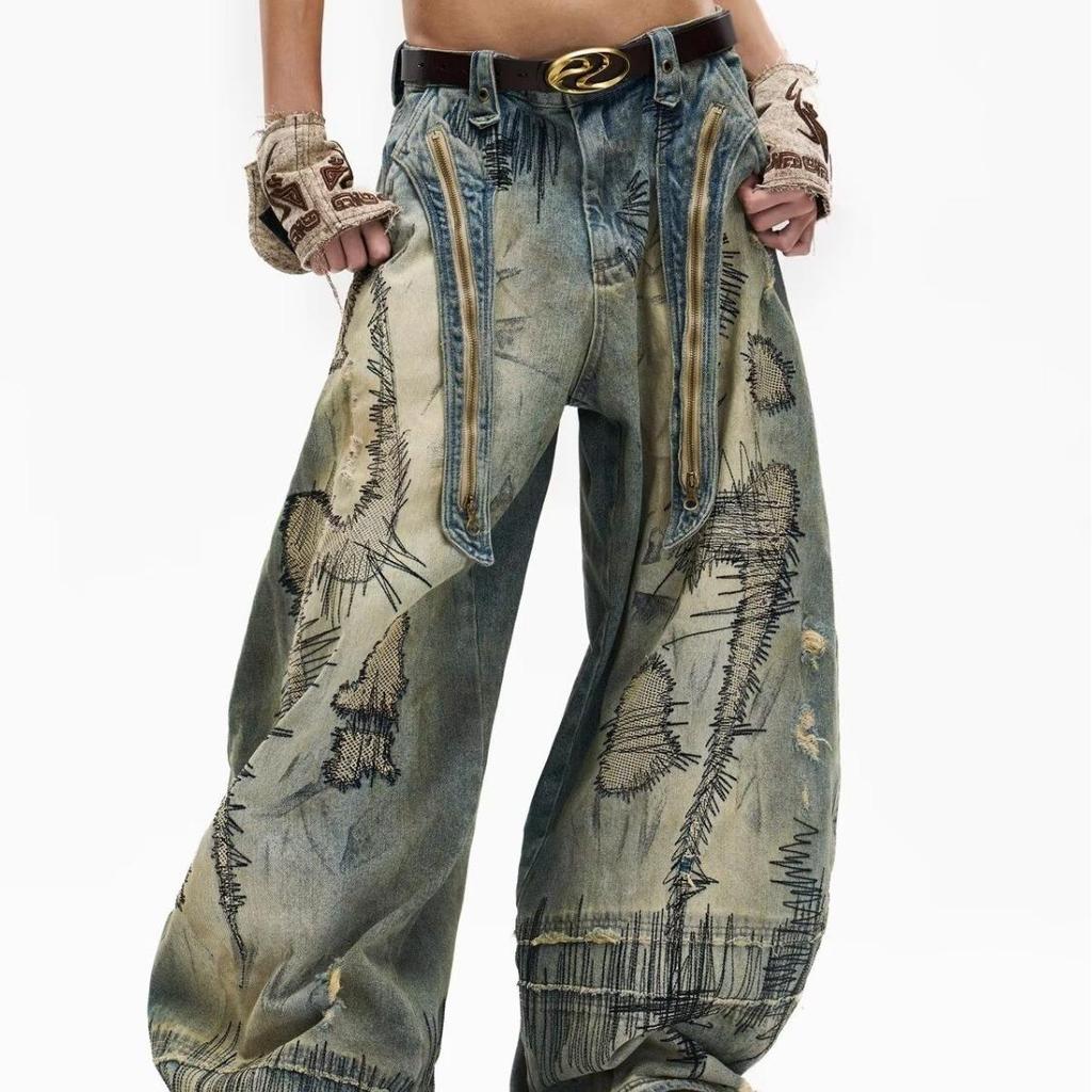 Jeans larghi a gamba larga stile Wasteland taglie forti ricamati