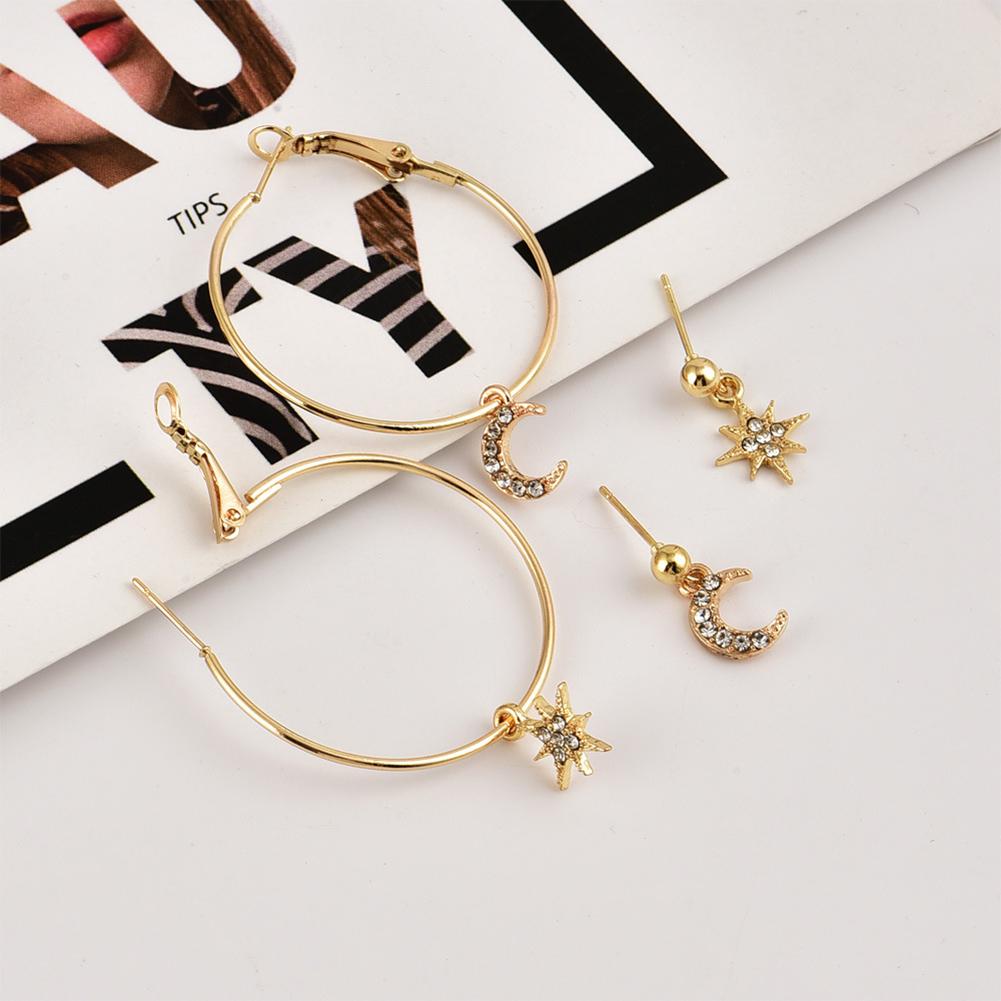 4Pcs/Set Bohemian Style Large Circle Earrings Ear Clip Crystal Moon Star Ear Stud Jewelry