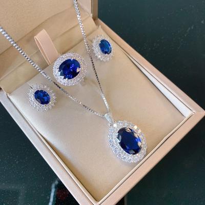 Klassische Saphir Schmucksets Ring Halskette Ohrringe Für Damen Dunkelblau Oval Halskette Tansanit Retro Exquisit Luxus Geschenk