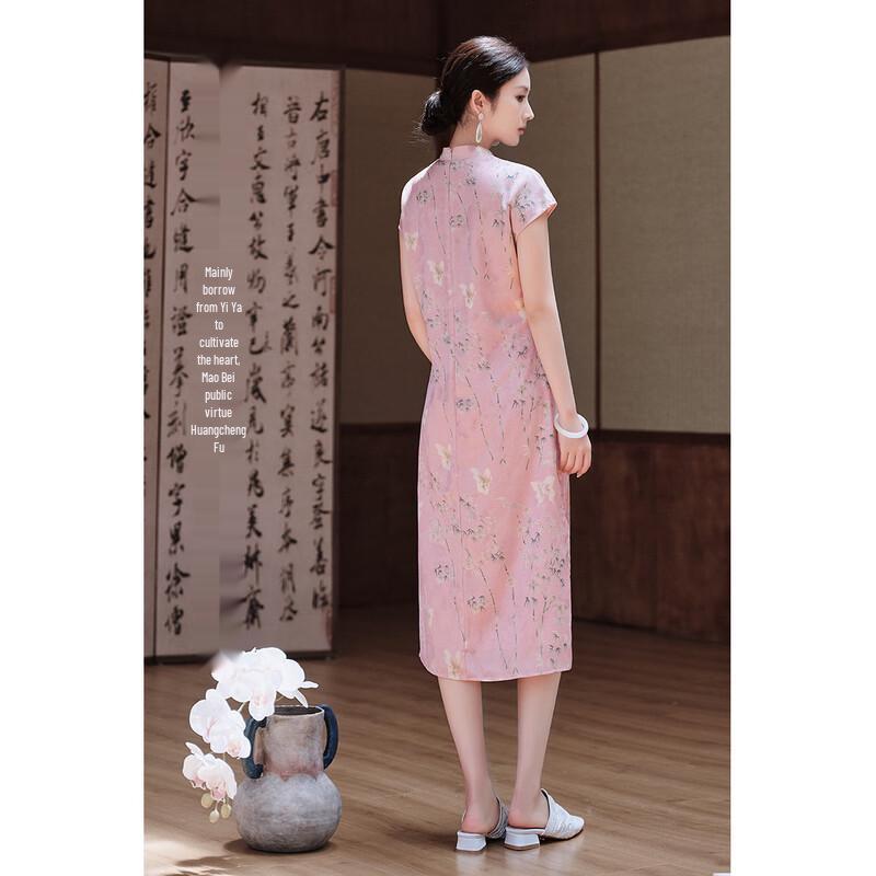 JK&JS New Chinese Style Short Sleeve Jacquard Satin Qipao Dress