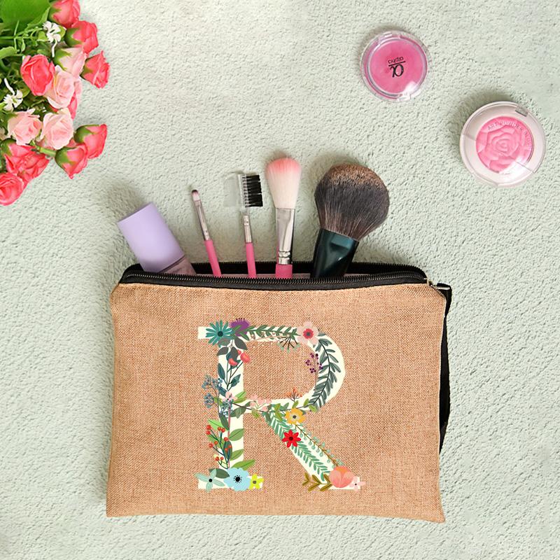 26 Letters Floral Women Cosmetics Woman Zipper Pouch Fashion Women Linen Cosmetic Bags Travel Portable Makeup Bag Cosmetic Bag