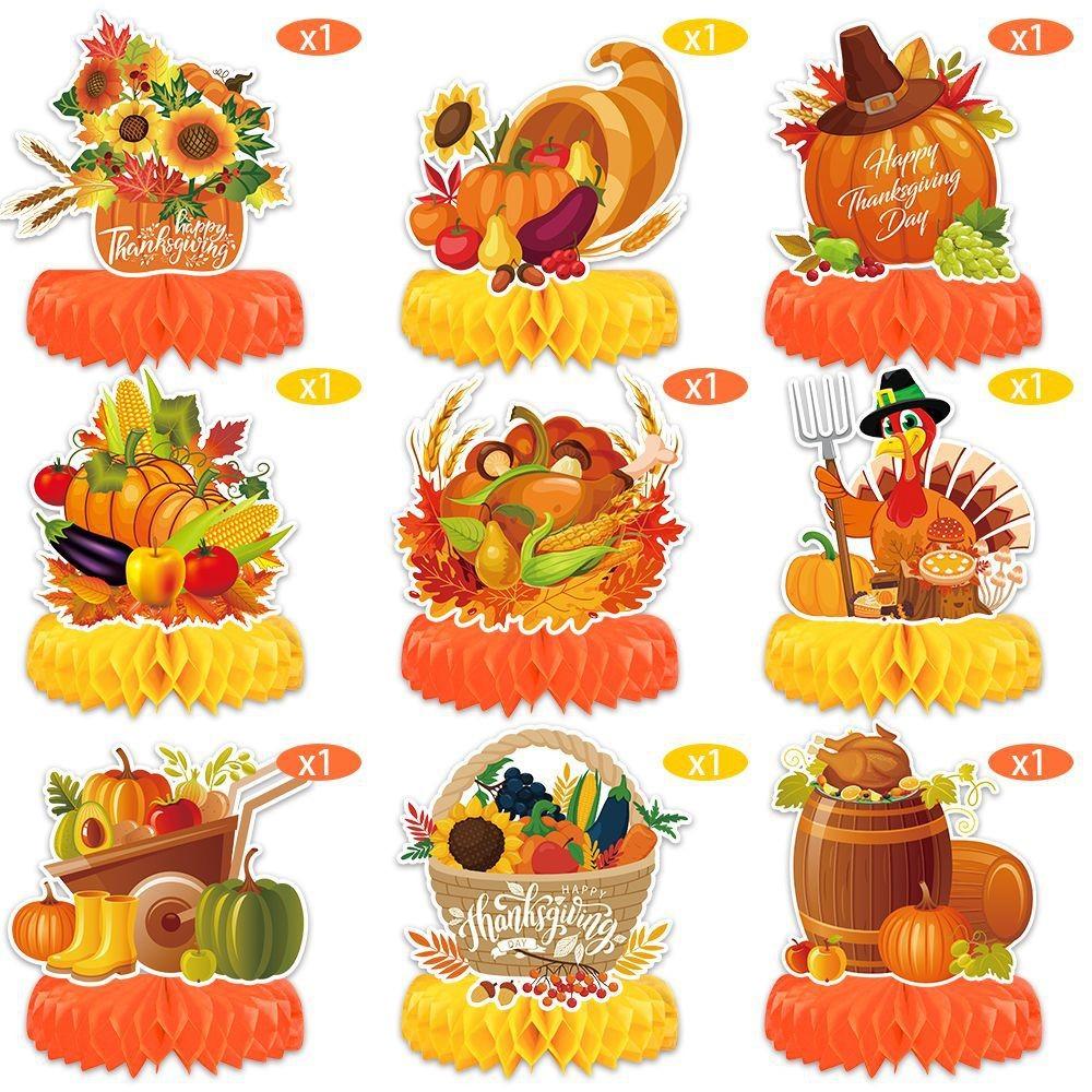 Thanksgiving Table Celebration Decor Honeycomb Pumpkin And Turkey Ornament Set