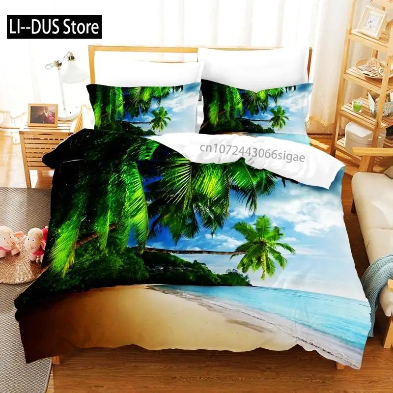 Tropical Duvet Cover Set King Size Microfiber Palm Trees Silhouette Sunset Tropical Beach Coastline Exotic Vacations Bedding Set