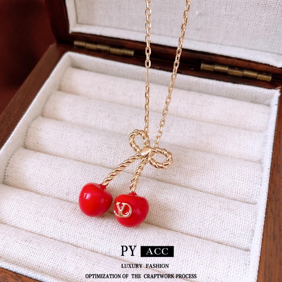 Red Cherry Pendant Earrings & Necklace Set: Stylish Minimalist Jewelry