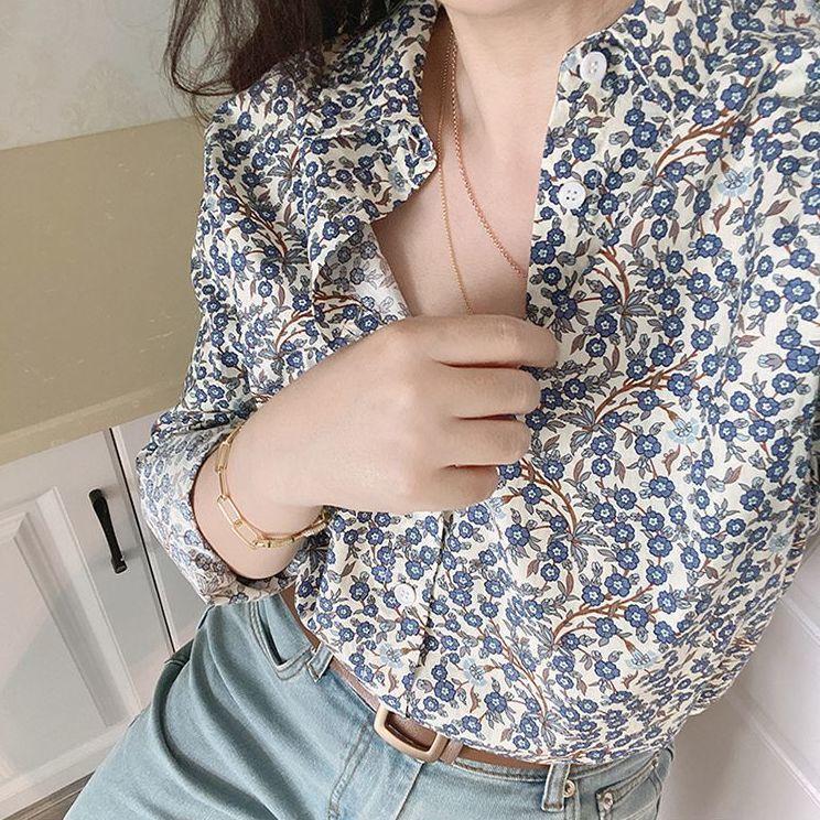 French-style Literary and Retro Shirt with Vine Prints Loose-fitting Figure-flattering and Long-sleeved