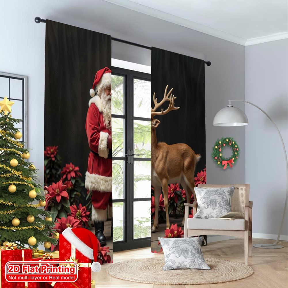 2pcs 2D Flat Printing Christmas Curtain Santa's Deer Friend Polyester Fabric Without Electricity Festive Curtains Perfect for