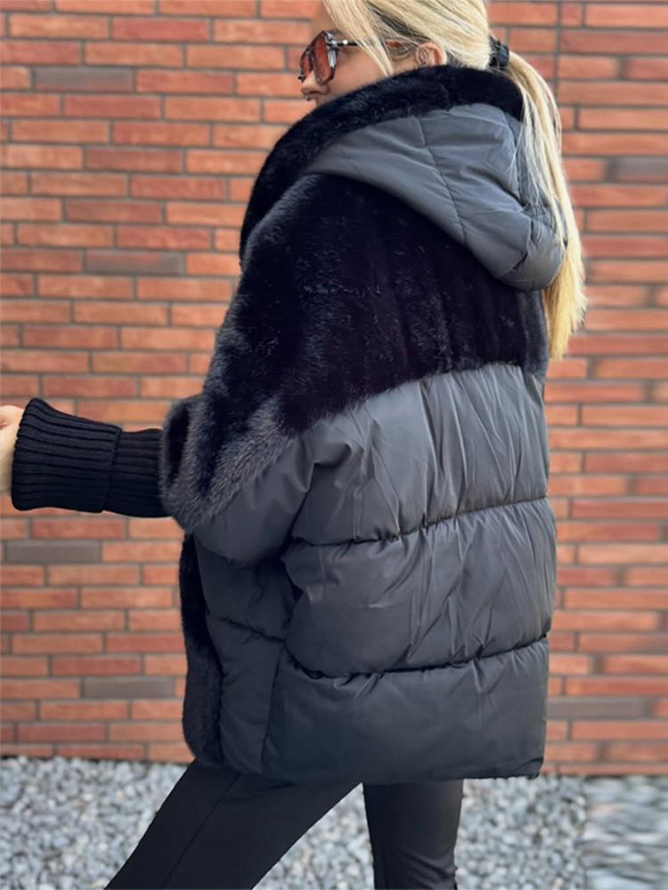 Women's Standing Collar Long Sleeved Zipper Thick Jacket Black Winter