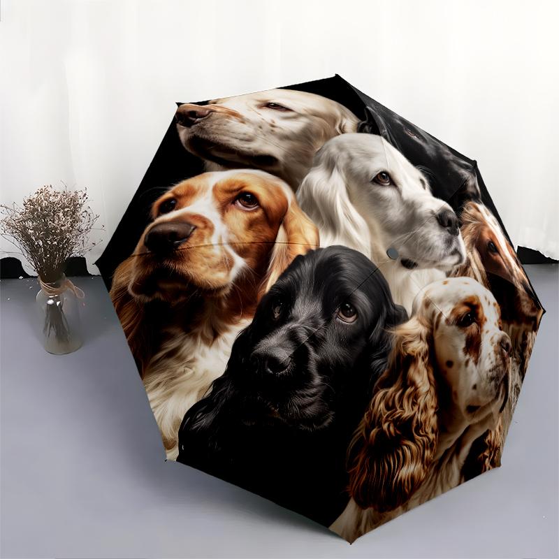 Black Puppy pattern, automatic folding umbrella, portable and foldable design, 8 ribs, a Christmas or birthday gift.