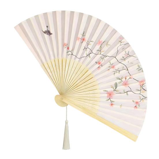 Chinese Style Folding Fan Flower Bird Print Faux Silk Bamboo Hand Held Fan Portable Summer Fan with Tassel Women Birthday Gift A