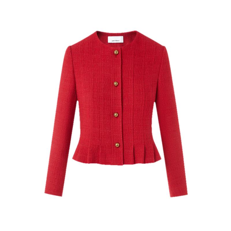 Langzi Red Round Neck Pleated Hem Short Jacket