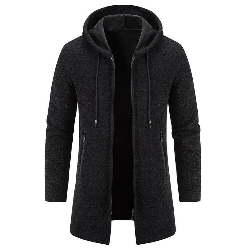Men's Plus Velvet Hooded Knitwear Cardigan – Thickened, Windproof, Warm Mid-Length Jacket for Autumn/Winter (Middle-Aged & Elderly)