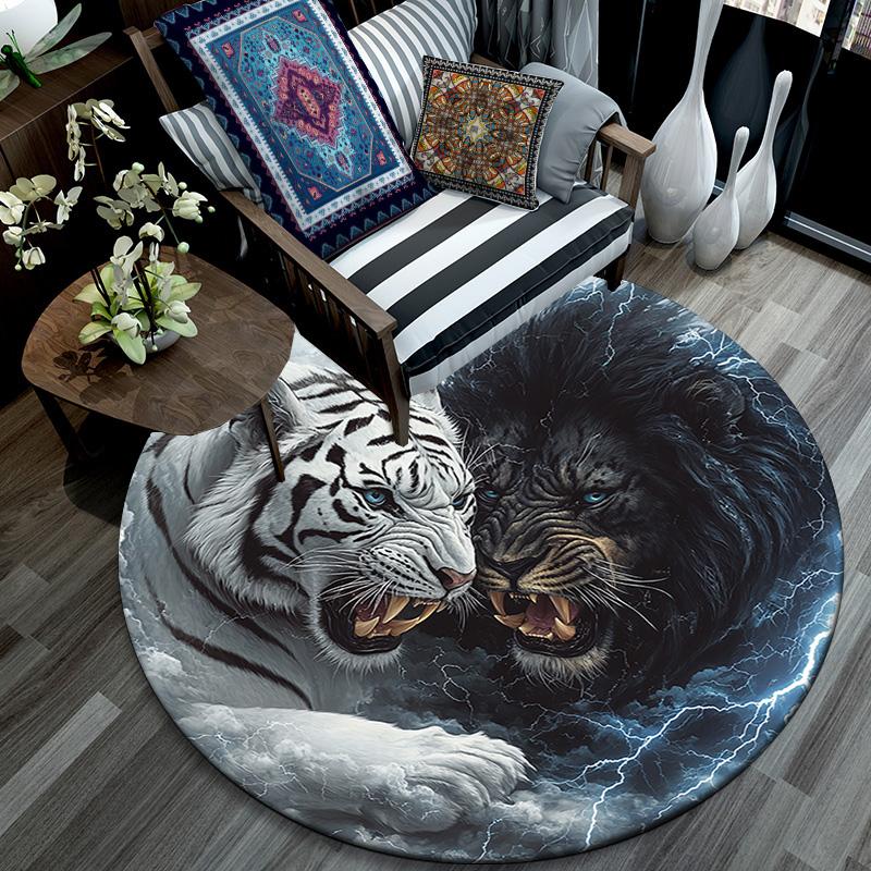 Yin Yang Tiger Lion Round Area Rug,Carpet Rug for Living Room Bedroom Sofa Playroom Decor,Non-slip Floor Mat