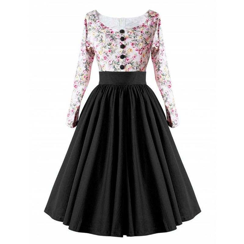 

Women s dress, round neck long-sleeved false buckle contrasting color splicing retro pendulum skirt XXL чёрный