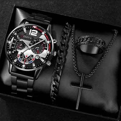 4-piece Retro Men's Fashion Accessories Set, with Cross Necklace, Ring and Bracelet Chain, Suitable for All Occasions.