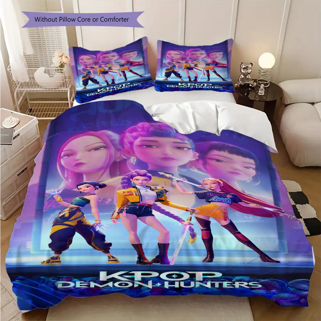 Kpop Demon Hunters Action Three-piece set (1 * duvet cover + 2 * pillowcase, without core) 2D Flat Soft and comfortable Bedding set