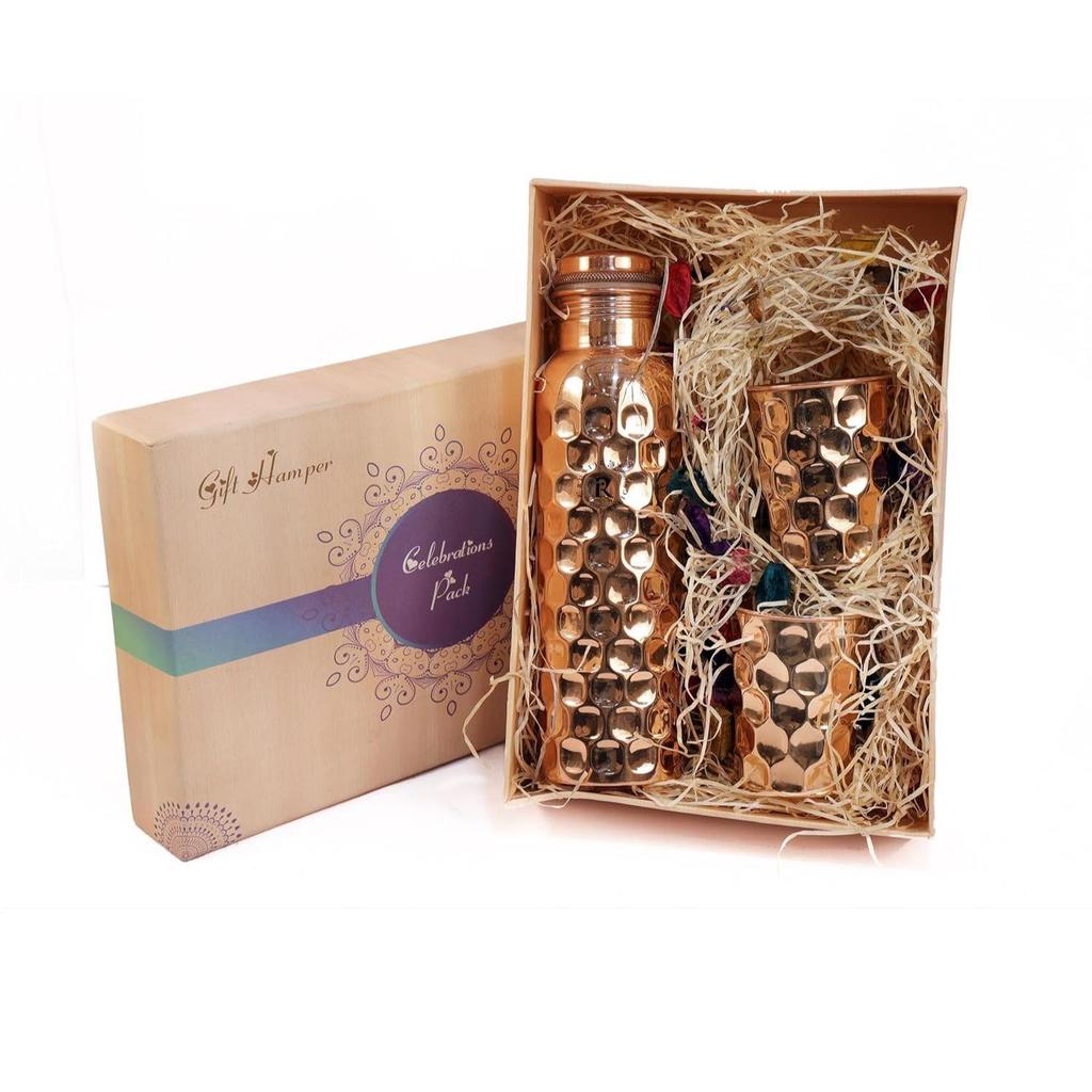 Diamond Pure Copper Bottle - 1L with 2 Glass Set | Ayurvedic Health Benefits Hammered Design | Leak-Proof And Jointless Water Bottle Hand Made