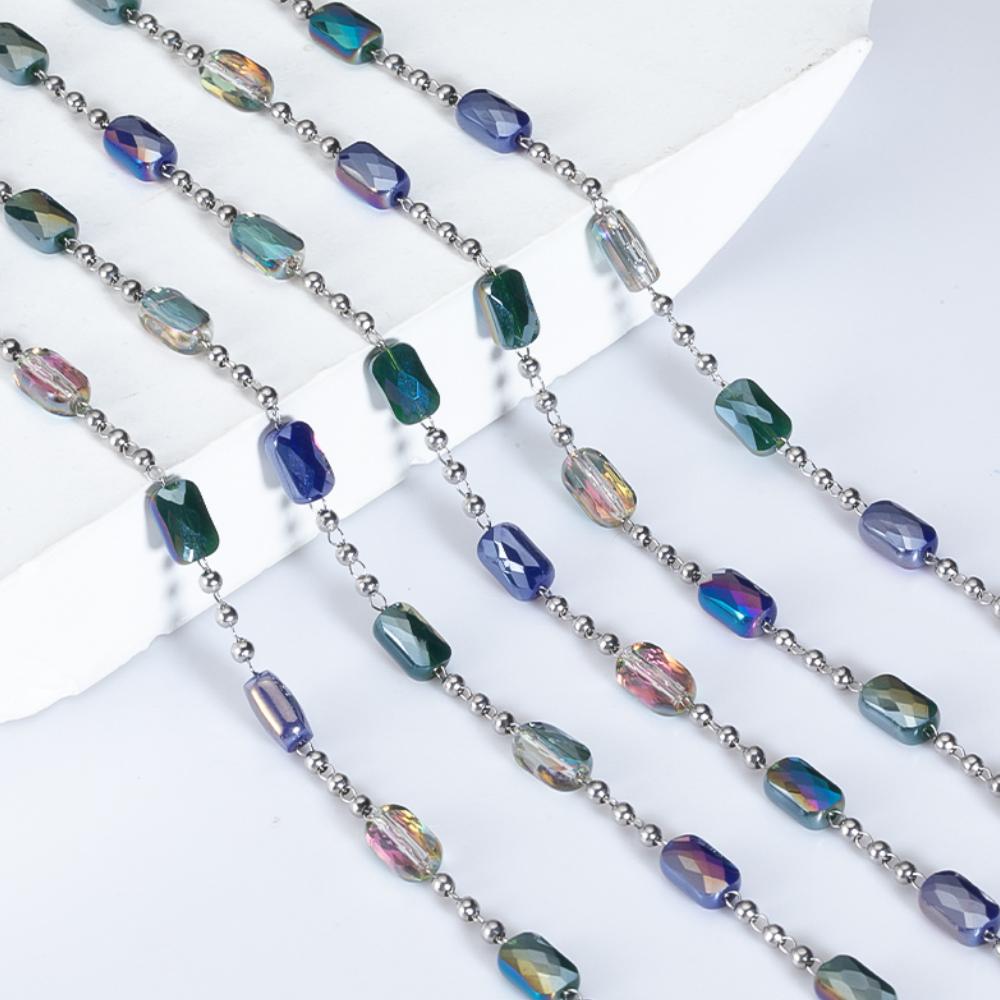 

1Meter Stainless Steel Crystal Beaded Chains Iridescent Natural Stone Steel Bead Necklace Bracelet Supplies Jewelry Making DIY