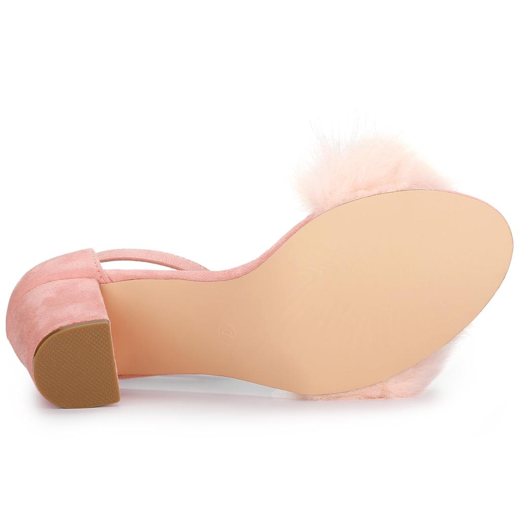 Allegra K Women's Pink Faux Fur Block Heel Ankle Strap Sandals, Size 27.0cm