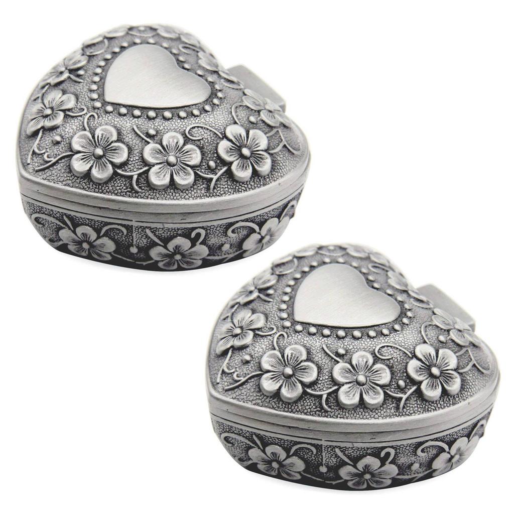 ABWR-2X Classic Vintage Antique Heart Shape Jewelry Box Ring Small Trinket Storage Organizer Chest Christmas Gift,Silver