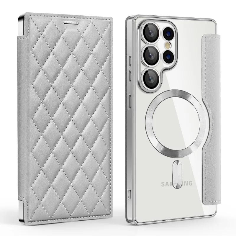 Luxury PU Leather Electroplate Magnetic Card Holder Phone Case for S22 S24 Ultra S25 Plus FE Transparent Shockproof Back