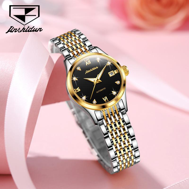 JINSHIDUN Nové dámské hodinky pro podnikání a volný čas Módní diamantové Vodotěsné Luminous Single Calendar Mechanické Špičkové dámské hodinky